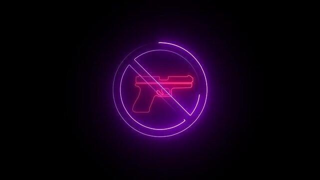 No weapon allowed icon, simple forbidden gun symbol. Gun and purple cross symbol animation.