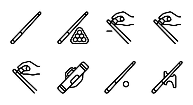 Billiard Cue Icons, Pool Stick Symbols, Snooker Equipment Graphics, Game Accessories Vector Set