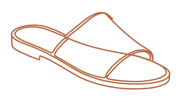 Warm copper line vector illustration of a single slide sandal, minimalist open toe footwear icon for summer fashion, beach accessories, resort travel, vacation packing and casual comfort