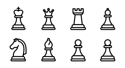Chess Pieces Icons, Strategy Game Symbols, Board Game Elements, Black and White Vector Graphics © MR
