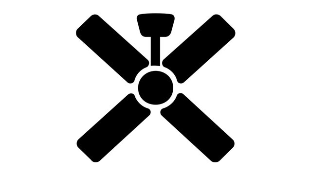 Bold black ceiling fan vector icon, minimalist summer cooling illustration with four broad blades, central motor hub and clean isolated style for home comfort, airflow, ventilation and seasonal design