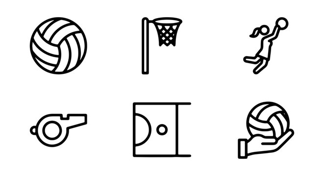 Netball Icons Set: Ball, Hoop, Player, Whistle, Court, Hand Holding Ball