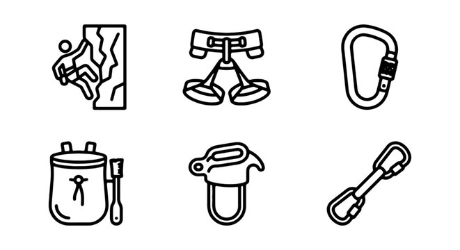 Rock Climbing Gear Icons, Safety Equipment Set, Outdoor Adventure Vector Graphics