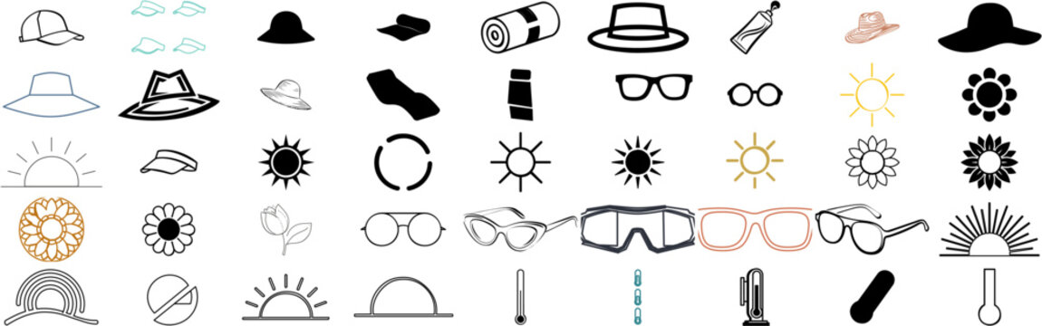 Sun and Summer Accessories 3 vector icon set, 45 minimalist EPS symbols with sun hats, loungers, sunglasses, visors, towels, sunscreen, sunshine, sunflowers and beach vacation essentials