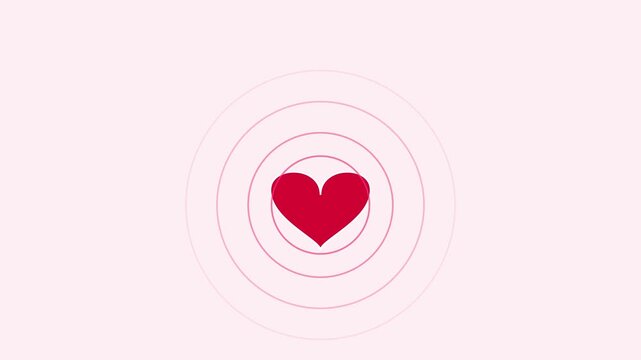 Red heart beating animation with pulsing circles on soft pink 4k background, for romantic love, and healthcare concepts