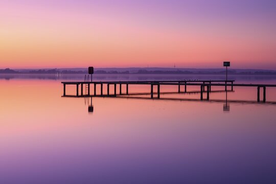 Sunset at Lake D&uuml;mmer, lake, jetty, Anlaeger, silence, vastness, night, mysterious, Lembruch, Lower Saxony, Germany