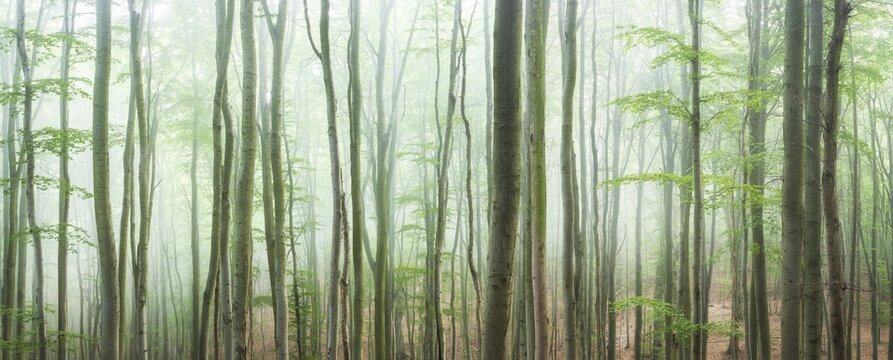 Near-natural beech forest with fog, Hohe Schrecke mountain range, Thuringia, Germany
