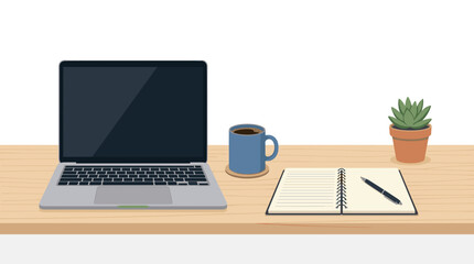 Fototapeta premium Flat lay home office setup with laptop, notebook, coffee cup and potted plant on wooden desk