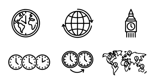 Global Time Zones Icons: World Clock, Earth, Big Ben, Time Difference, Location Pins