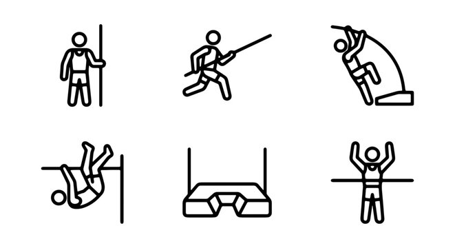 Athletics Icons: Pole Vault, Climbing, Gymnastics, Hurdles, Runner, 6 Vector Graphics