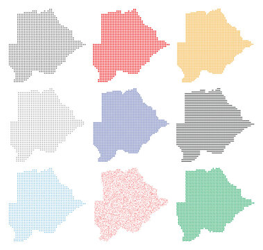 Assortment of botswana map silhouettes featuring various geometric and pixel patterns.
