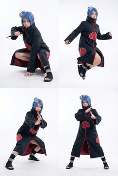 Ninja cosplay character in black and red cloud uniform in multiple martial art poses
