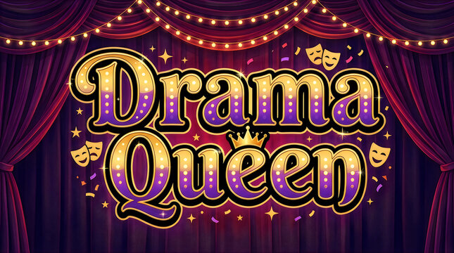 Drama queen typography design with stage curtains and theater masks