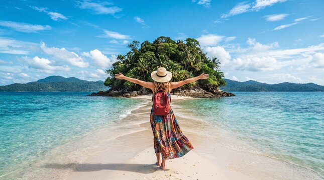 Woman with arms outstretched on a tropical beach sandbar to an island