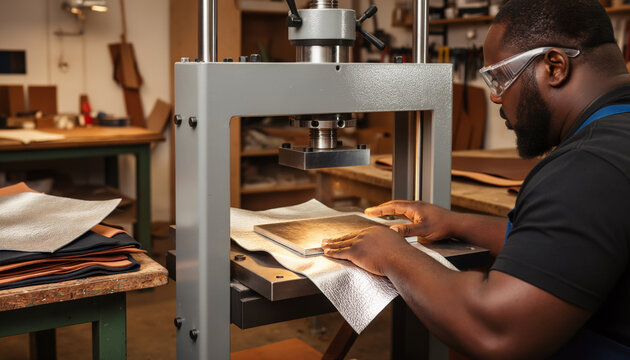 Focused African American craftsman wearing safety glasses operating a heavy manual press machine to shape metal material in a traditional industrial artisan workshop