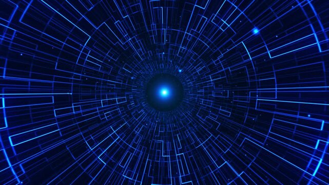 A flight through a digital tunnel of glowing blue lines rushes toward a bright center, creating a sense of infinite depth and high-speed information transfer. Conceptually, it explores cybersecurity, 