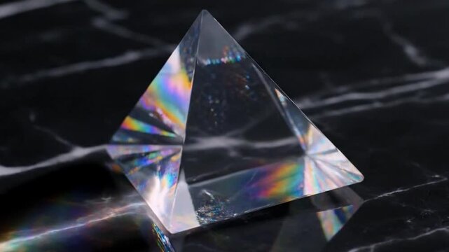 A crystal pyramid refracting a beam of white light into a vibrant rainbow spectrum on marble
