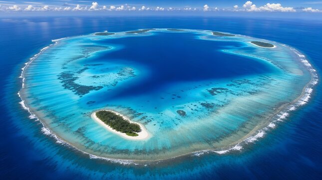 Aerial view of a tropical coral atoll with turquoise lagoon, small palm islands, reef surf, and deep blue ocean, ideal for luxury travel and vacation marketing.