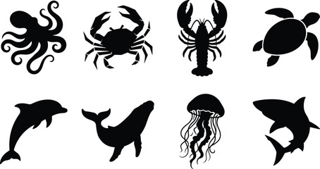 Collection of black sea animal silhouettes including octopus crab lobster turtle dolphin whale jellyfish and shark on white background © MdAzijul