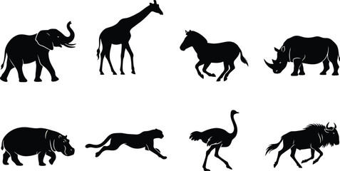 Fototapeta premium African Wildlife Animal Silhouette Collection Featuring Elephant Giraffe Horse Rhinoceros Hippopotamus Cheetah Ostrich and Wildebeest Vector Set