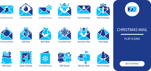 Christmas mail icons set. Minimal silhouette vector illustration of envelopes, gifts, reindeer and snowflakes for holiday design. © Icon Set