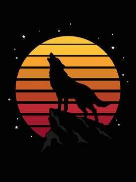 Wolf silhouette howling at sunset, retro style icon, vector illustration, wildlife symbol