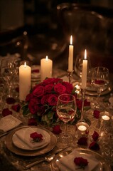 Fototapeta premium Elegant Table Setting With Candles and Roses for a Special Dinner