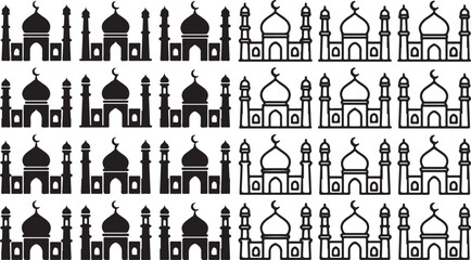 Set of mosque icons with dome and minarets in solid black and outline sketch style © Mostafizur