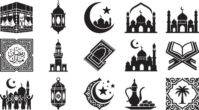 Set of black islamic icons for ramadan kareem celebration with mosques lanterns and religious symbols