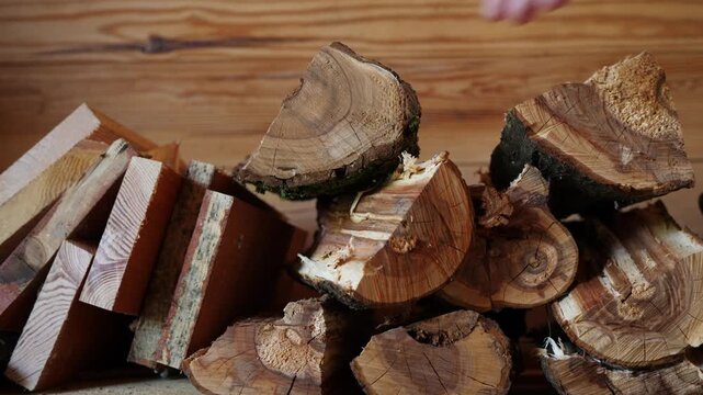 Close up of hands placing a log onto a pile of chopped firewood