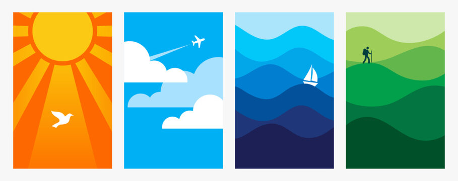 Minimalist nature and travel flat vector landscape backgrounds set