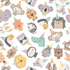 Obraz premium Holiday birthday animal seamless pattern set featuring tiger monkey koala elephant zebra toucan hedgehog crocodile hippopotamus penguin sloth lion rabbit