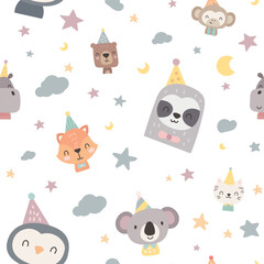 Fototapeta premium Holiday birthday animal seamless pattern set featuring sloth monkey bear fox cat koala penguin hippopotamus cloud moon star party hat