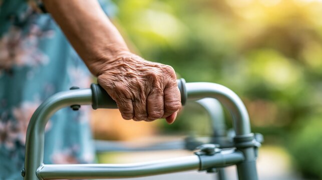 Close-up of a senior woman's hand gripping a walker. The background features a blurred garden setting with soft natural light.