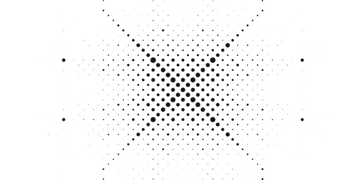 Symmetrical halftone star pattern formed by expanding dots on white background design