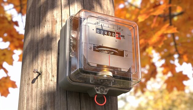 An electric meter mounted on a wooden utility pole. Surrounding trees display vibrant autumn leaves in shades of orange and yellow.