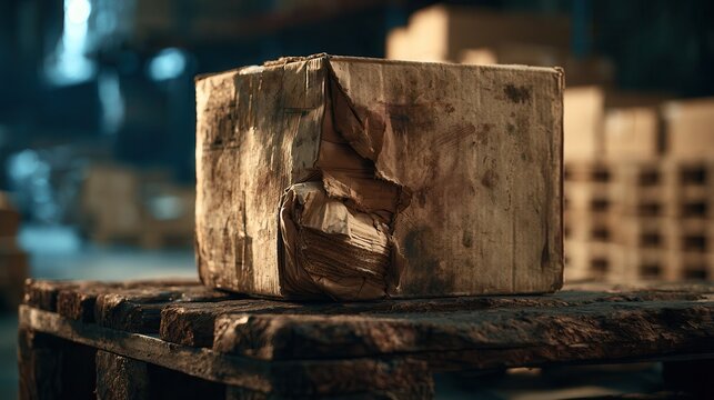 Stunning photo of Damaged shipping box on a wooden pallet in a warehouse. Logistics and shipping.