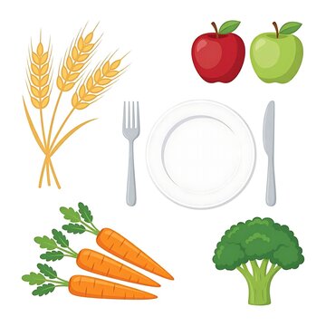 Organic food vector asset set with fresh vegetables and plate icon for menu design, infographics, and grocery branding