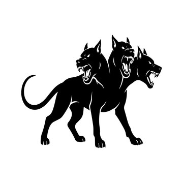 Cerberus three headed dog snarling, black vector on white background, no gray, no color, flat silhouette, commercial use