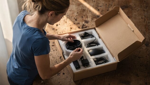 A young Caucasian woman with brown hair unboxes electronic equipment from a cardboard box on a wooden table.