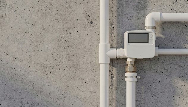 White plastic pipes and a water meter installed on a concrete wall. The scene illustrates plumbing infrastructure in a modern setting.
