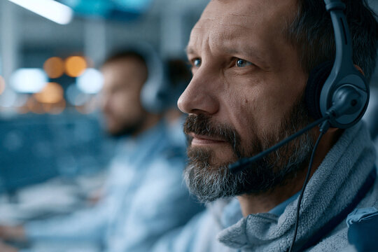 Focused man wears headset, eyes sharp, focused on task. Teamwork in tech support center, calm intensity in his gaze. Blue tones, soft blur behind him, glowing screens in background