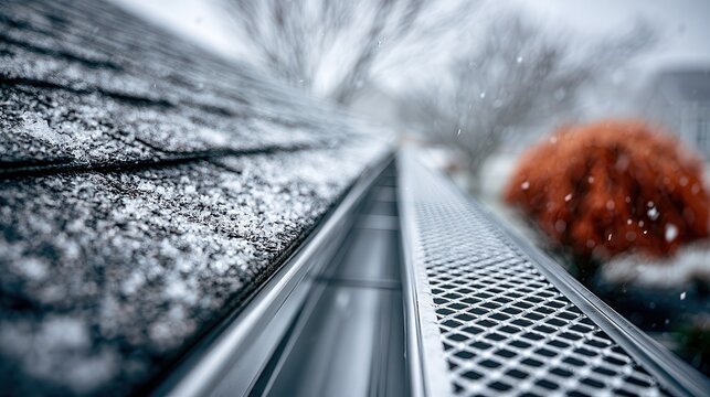 Stunning photo of Snow-covered rain gutter with protective metal mesh. Essential for winter home.