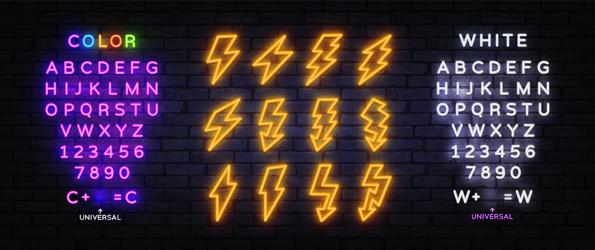 Set of 12 neon orange lightning bolt icons in various shapes on brick wall background. Glowing electric thunder symbols with editable color and white alphabet for game, sport or energy design.
