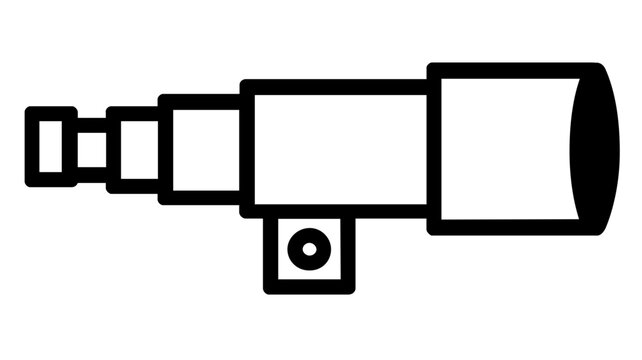 Clean flat vector line icon of a travel telescope, useful for sightseeing features, adventure guides, lookout points, and discovery themes.
