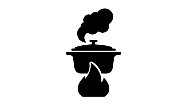 Clean flat vector line icon of a hanging pot warming over camp flames, ideal for campground brochures, outdoor food content, and adventure planning.