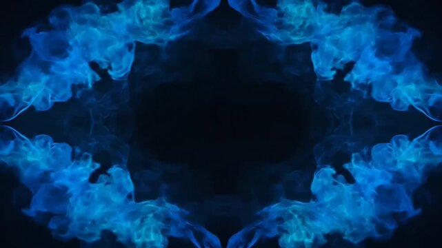 Abstract electric blue smoke pattern forming a symmetrical frame on a dark background. Dynamic mystical energy swirl texture.