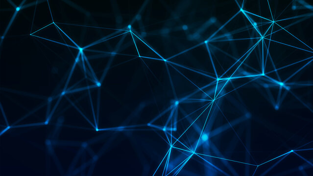 Abstract digital network of glowing nodes and connecting lines. Technological context. Network connection structure. Interweaving effect. Vector illustration