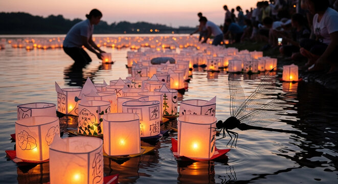 People releasing floating lanterns on a lake at dusk