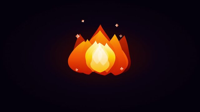 Stylized 2D cartoon campfire animation with glowing sparks flickering on a dark background